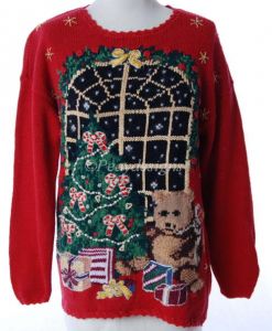 Ugly Tacky Christmas Big Window Teddy Bear Sweater Sz M